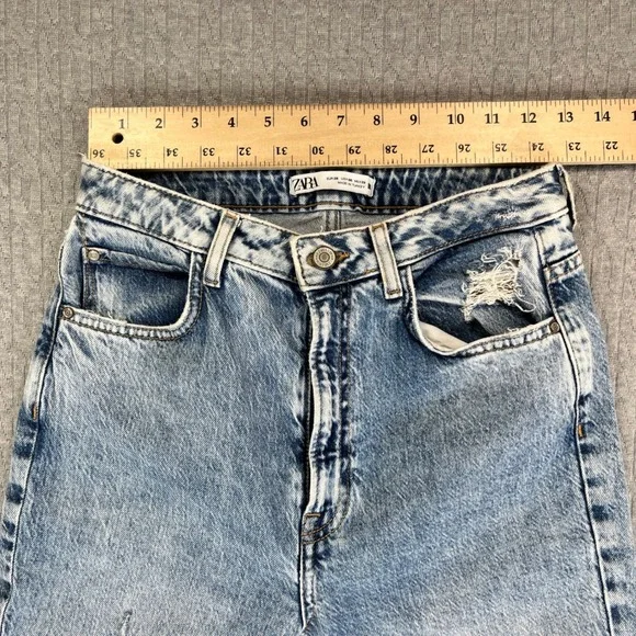 Bootcut ZARA High Rise Flare Jeans Women‎ 25X34 Distressed Split Hem light wash - Picture 4 of 10